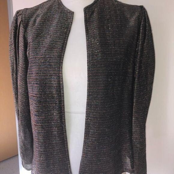 Vintage Open Jacket Womens 70s Metallic Puff Sleeve Silver Unlined Sparkly - Picture 10 of 12